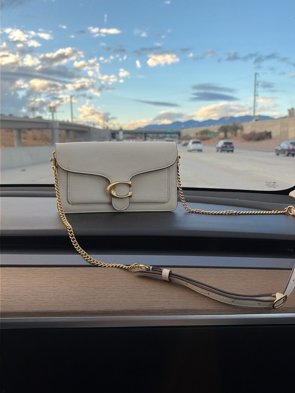 Coach Cream Leather Crossbody with Gold Chain and C Clasp